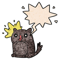 cartoon shocked cat amazed and speech bubble in retro texture style