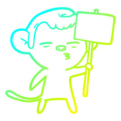 cold gradient line drawing cartoon suspicious monkey with signpost