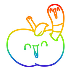 rainbow gradient line drawing cartoon worm in happy apple
