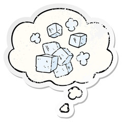 cartoon ice cubes and thought bubble as a distressed worn sticker