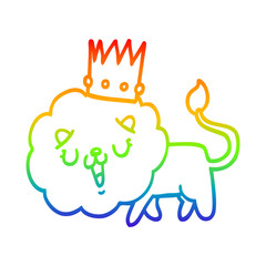 rainbow gradient line drawing cartoon lion with crown