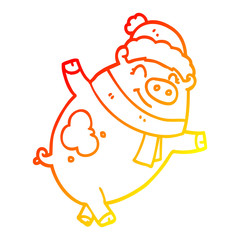 warm gradient line drawing cartoon pig wearing christmas hat