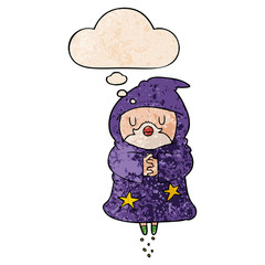 cartoon floating wizard and thought bubble in grunge texture pattern style