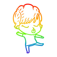 rainbow gradient line drawing cartoon woman with eyes shut