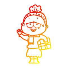 warm gradient line drawing cartoon happy old lady