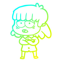 cold gradient line drawing cartoon tired woman