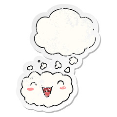 happy cartoon cloud and thought bubble as a distressed worn sticker
