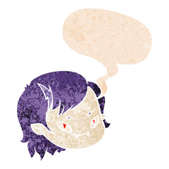 cartoon vampire girl face and speech bubble in retro textured style