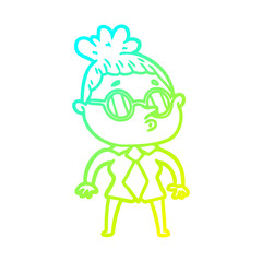 cold gradient line drawing cartoon woman wearing glasses