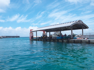Irabu island, Japan - June 28, 2019: Sarahama fishing port in Irabu island, Okinawa