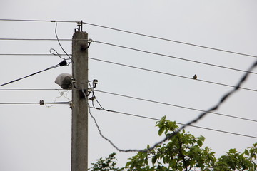 Top of country electricity pylon with wires and street lamp