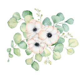 Anemone flowers and eucalyptus leaves watercolor bouquet illustration