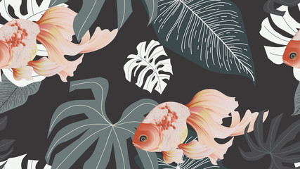 Botanical seamless pattern, pink lotus flowers and goldfish on dark grey background, pastel vintage style