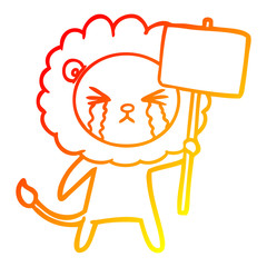 warm gradient line drawing cartoon crying lion with placard