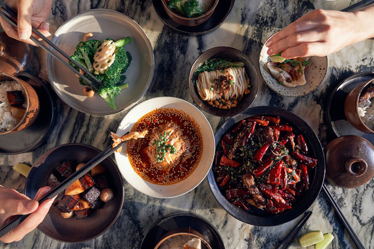 Overhead view of people having lunch