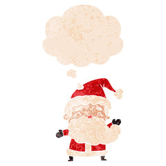cartoon santa claus and thought bubble in retro textured style