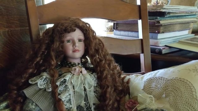 Antique girl dolls sitting and staring, red head, blonde, creepy,