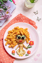 Funny Girl Food Face with Cutlet, Pasta and Vegetables