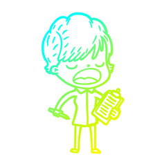 cold gradient line drawing cartoon woman talking
