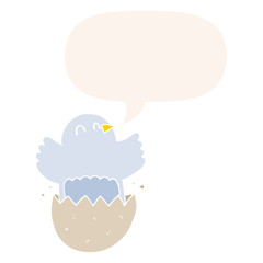 cartoon hatching chicken and speech bubble in retro style