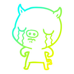 cold gradient line drawing cartoon pig crying