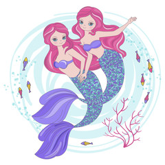 MERMAID SISTERS Cartoon Underwater Sea Ocean Cruise Travel Tropical Princess Vector Illustration Set for Print Fabric and Decoration