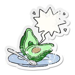 cartoon halved avocado and speech bubble distressed sticker