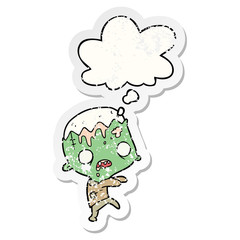cartoon zombie and thought bubble as a distressed worn sticker