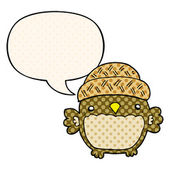 cute cartoon owl in hat and speech bubble in comic book style
