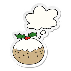 cartoon christmas pudding and thought bubble as a printed sticker