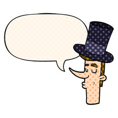 cartoon man wearing top hat and speech bubble in comic book style