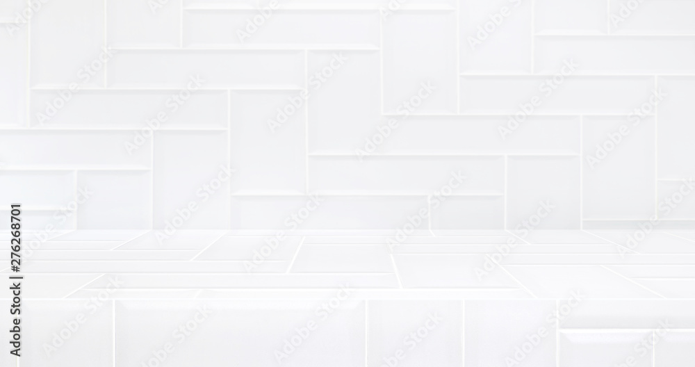 Aufkleber 3D luxury white tile table studio background textured for product display with copy space for display of content design.Banner for advertise product on website.3d rendering.