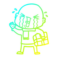 cold gradient line drawing cartoon crying bald man