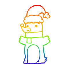 rainbow gradient line drawing cartoon bear wearing christmas hat