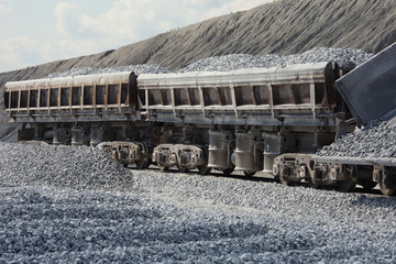 Railway dump-car loaded gravel close-up.  Mining industry. Quarry and mining equipment.