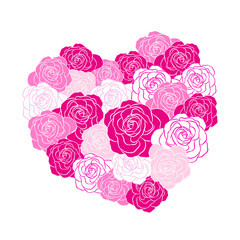 Pink roses in heart shape. Silhouette and outline style. Vector illustration isolated on white background. Happy Valentine's day.