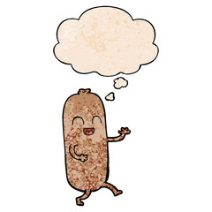 cartoon dancing sausage and thought bubble in grunge texture pattern style