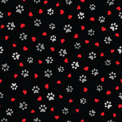 Fototapeta na wymiar Dog Paw seamless pattern with hearts vector footprint kitten puppy heart tile background repeat wallpaper cartoon isolated illustration white - Vector illustration.