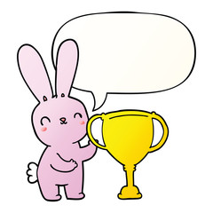 cute cartoon rabbit and sports trophy cup and speech bubble in smooth gradient style