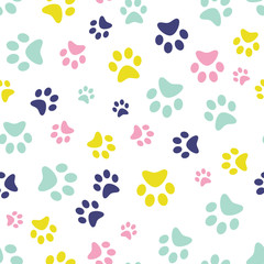 Plakat Dog Paw print seamless. Traces of Cat Textile Pattern. Cat footprint seamless pattern. Vector seamless.