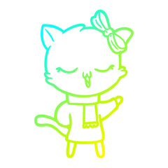 cold gradient line drawing cartoon cat with bow on head