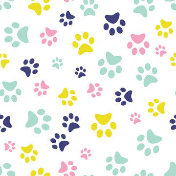 Dog Paw print seamless. Traces of Cat Textile Pattern. Cat footprint seamless pattern. Vector seamless.
