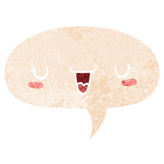 cute happy face cartoon and speech bubble in retro textured style