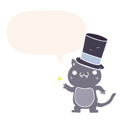 cartoon cat wearing top hat and speech bubble in retro style