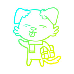 cold gradient line drawing cartoon dog with xmas gift