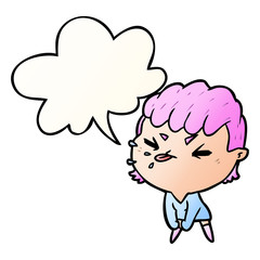 cute cartoon rude girl and speech bubble in smooth gradient style