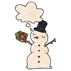 cartoon snowman and thought bubble in grunge texture pattern style
