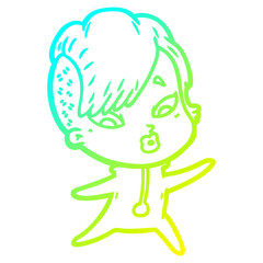 cold gradient line drawing cartoon surprised girl in science fiction clothes