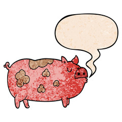 cartoon pig and speech bubble in retro texture style