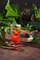Summer refreshing drink, cocktail. Homemade organic mojito or lemonade with rhubarb, mint and lime. On a dark brown stone table, in glass. Copy space